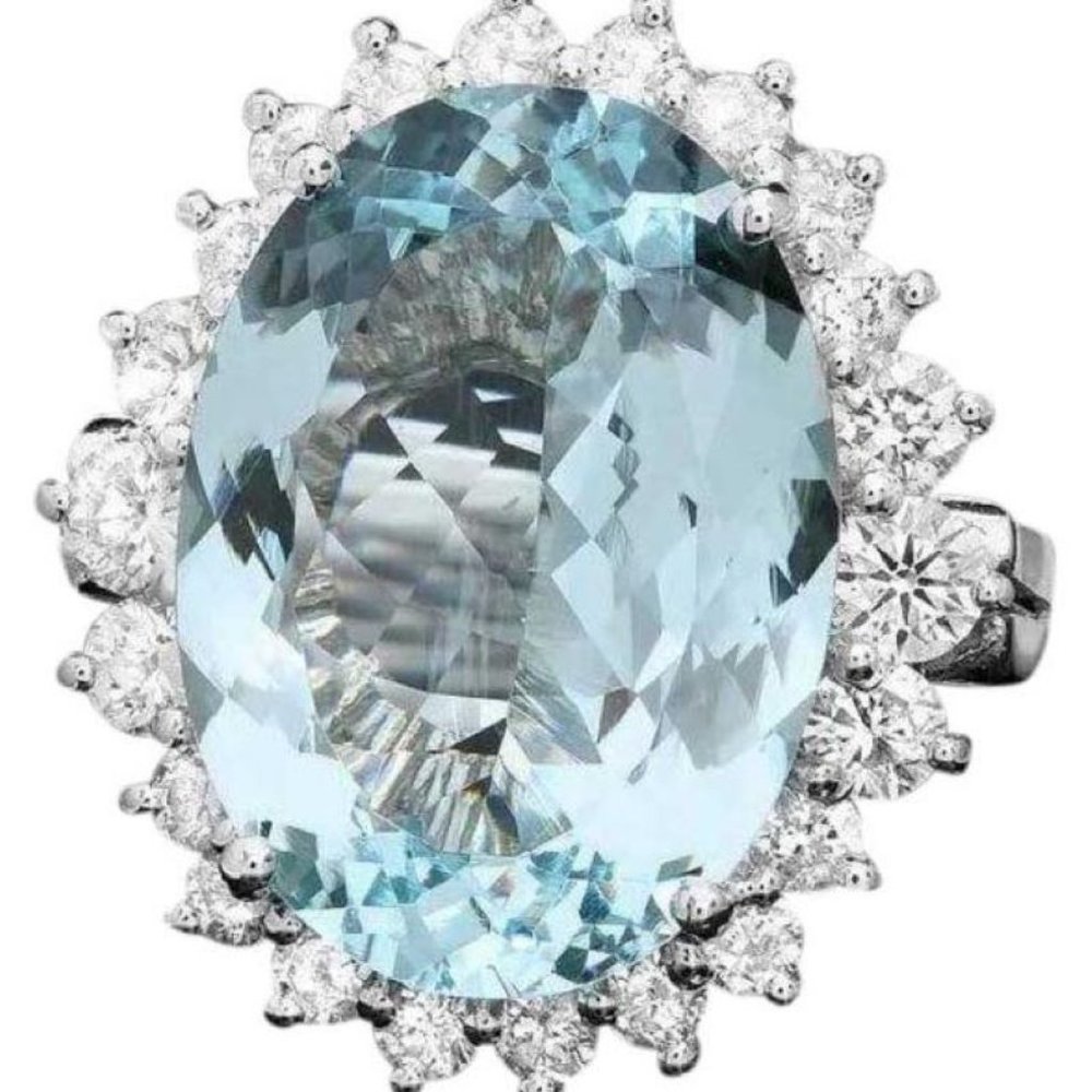 10.10 Carats Natural Aquamarine and Diamond 14K Solid White Gold Ring